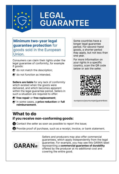 Colour harmonised notice headed Legal Guarantee, explaining the minimum two-year legal guarantee and showing the official QR code
